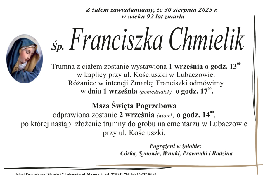 Zmarła Franciszka Chmielik [92 lata]